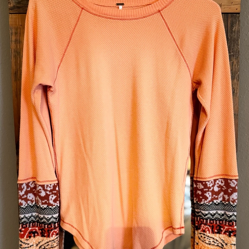 Free People Orange Long Sleeve Top with Patterned Sleeves